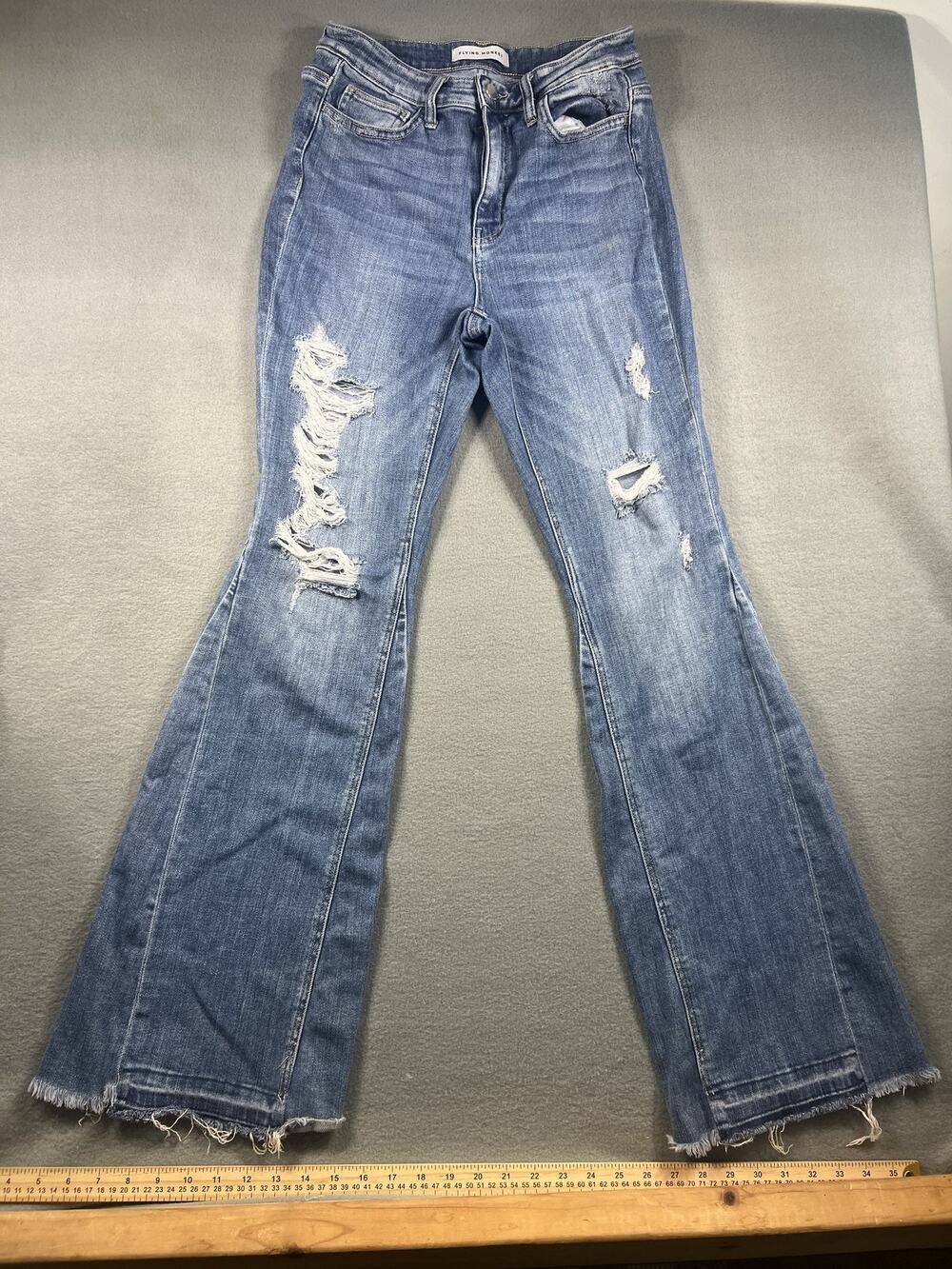 Flying Monkey Women's High Rise Distressed Flare Jeans Size 28 Raw Hem